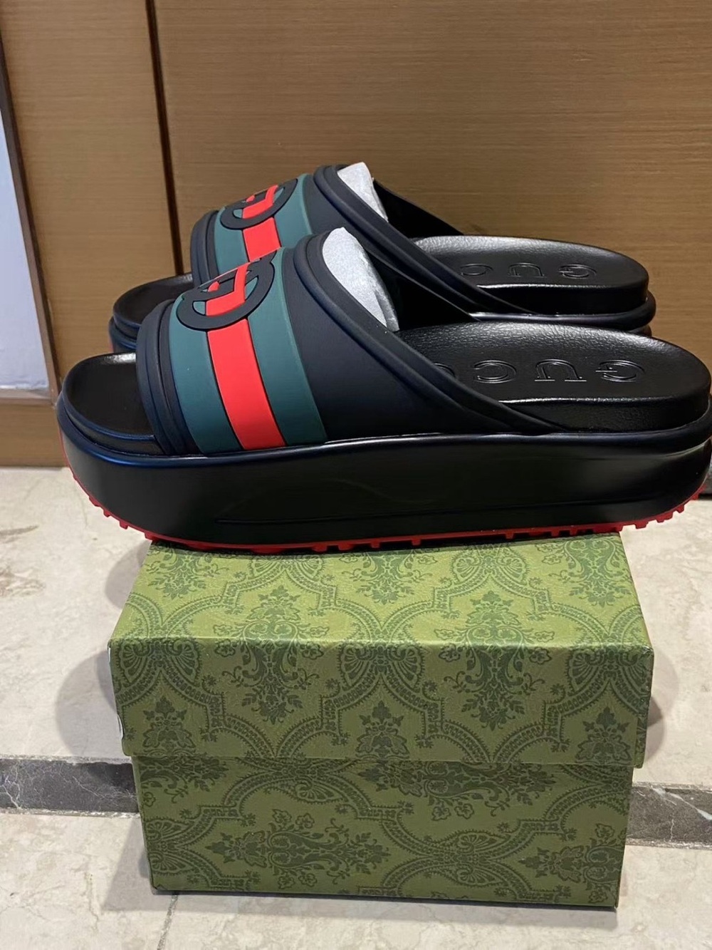 Gucci Black Platform Slides with Red and Green Web